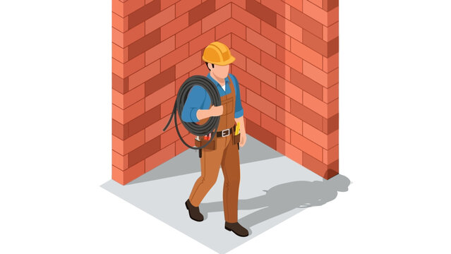 Construction worker carrying cable in brick corner isometric design