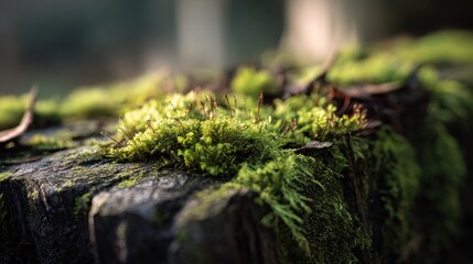 Lush mossy surface on aged tree bark in woodland environment