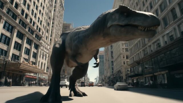 A colossal dinosaur roams a sunlit urban street towering over cars and glass towers. People look up