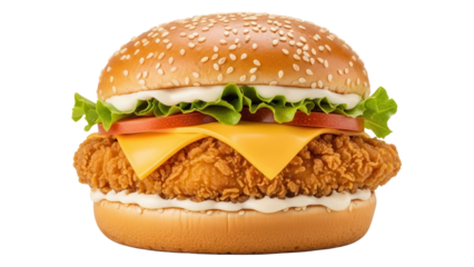 Delicious chicken burger with melted cheese and mayonnaise on a soft toasted bun isolated on white background