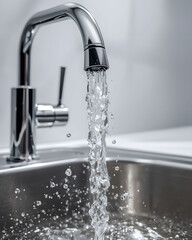 Clean running water flowing from modern kitchen faucet into sink, symbolizing hygiene, freshness, household utility, sustainability and daily domestic use
