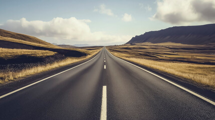 Empty asphalt road leading to horizon through open landscape concept of journey freedom future direction and success