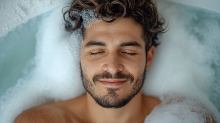 Relaxed young man enjoying bubble bath with closed eyes and smile, expressing self care, wellness, hygiene routine, relaxation and stress relief at home
