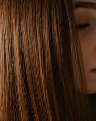Fototapeta premium Minimalist female beauty portrait focusing on healthy brown hair texture and calm expression, elegant cosmetic concept with softness and natural style