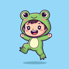 Obraz premium Cute Frog Costume Kid Jumping Joyful.