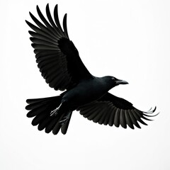 Obraz premium Black crow flies with wings spread wide against white background. Close up view of bird in flight, showing feather detail and avian anatomy. This powerful winged creature navigates the open sky.