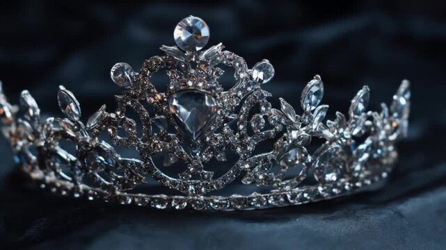 Elegant tiara gleams on deep satin, intricate crystals in arches around a central gem. Regal sparkle
