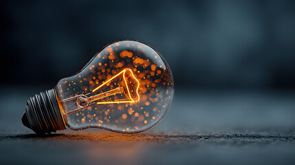Glowing light bulb with orange particles on dark blue background with bokeh effect represents innovation, creativity and bright ideas in business concept.