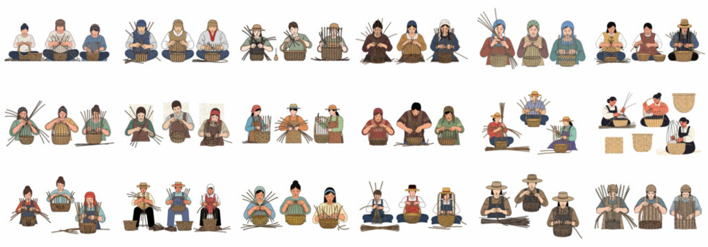 Collection of vector illustrations showing men and women demonstrating the stages of traditional wicker and bamboo basket weaving craft.
