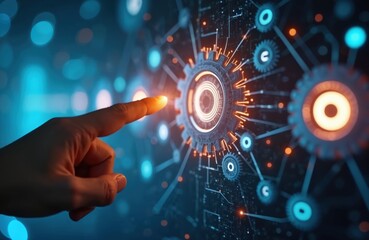 Finger points glowing digital gear symbol on dark tech network. Abstract futuristic innovation and connection concept. Complex system integration data flow.