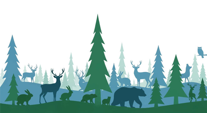 Minimalist 2D flat illustration captures a serene vintage forest landscape featuring dark animal silhouettes and towering pine trees in a retro blue and green palette.