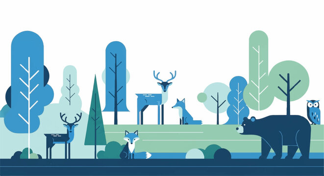 Flat 2D vector illustration of a peaceful retro forest landscape features stylized trees and wild animals utilizing harmonious blue and green color tones against a crisp white background.