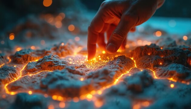 Hand interacts with glowing 3D terrain map. Digital landscape with orange light lines shows topography. Data simulation for planning or research. - Powered by Adobe