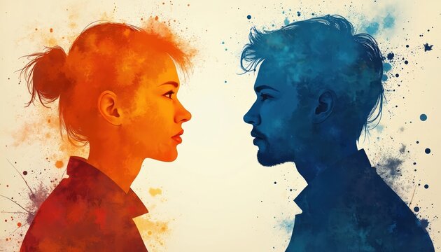 Man and woman face off in contrasting blue and orange profiles. Abstract ink splatter effect creates dynamic visual. Represents opposing views or connection.