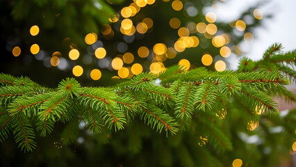 Christmas tree branch with golden lights