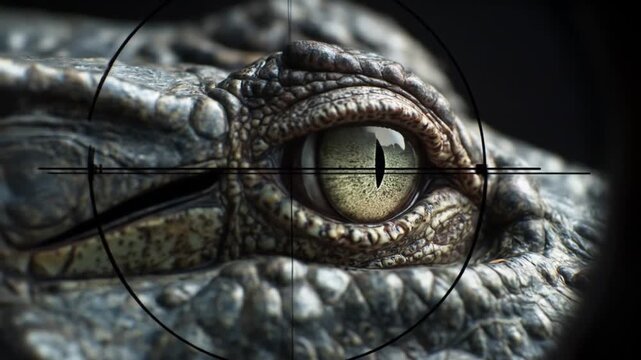 Macro view of a crocodile eye with rugged scales, slit pupil, and dark, shadowy surroundings. Close