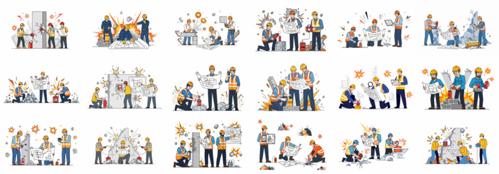 Vector illustration set of construction workers performing controlled demolition, reviewing blueprints, placing dynamite, and causing explosions to break structures.