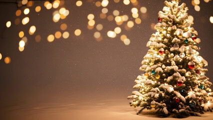 Christmas tree with snow and lights in winter scene
