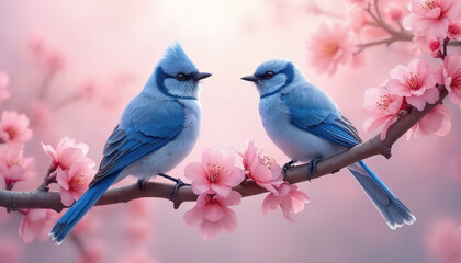 Two blue birds perch on a blossoming tree branch with pink flowers. They look at each other, symbolizing love and spring season renewal. Soft light and bokeh effect.