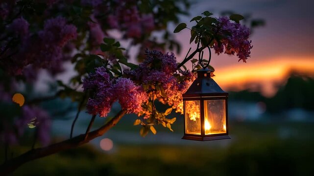 Softly illuminated lantern nestled in blooming branches, dusky purple and orange sky gradient, serene atmosphere, evening tranquility, with copy space