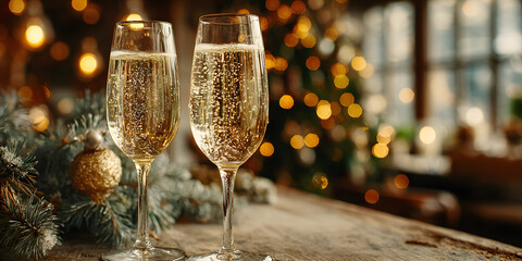 Two champagne glasses filled with sparkling wine on table near decorated Christmas tree in cozy living room with warm lighting for holiday celebration.