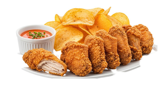 Crunchy chicken wings combo with spicy dipping sauce and seasoned potato chips isolated on white background