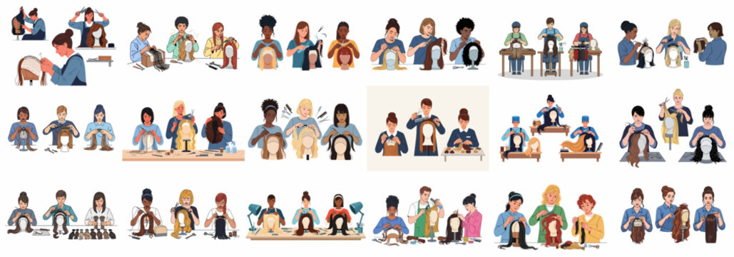 Professional wig making process illustrations featuring diverse artisans creating, cutting, and styling human hair wigs and hairpieces.