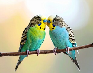 Fototapeta premium ・寄り添うセキセイインコのペア ― 友情と愛情を象徴するカラフルな小鳥 ・Pair of Budgerigars Perched Together – Symbol of Friendship and Love