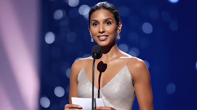 Confident woman in elegant dress delivers speech at an awards ceremony, engaging audience with expressive gestures and captivating presence, showcasing public speaking skills and charisma