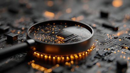 Magnifying glass on circuit board with glowing orange lights creating futuristic technology concept for digital investigation or data analysis.