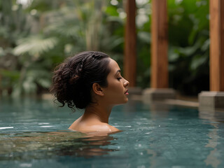 Fototapeta premium Serene young woman relaxing in natural pool surrounded by lush greenery, peaceful wellness lifestyle portrait expressing calm, balance, and mindful living