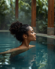 Fototapeta premium Serene young woman relaxing in natural pool surrounded by lush greenery, peaceful wellness lifestyle portrait expressing calm, balance, and mindful living