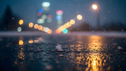 Snowflake on wet road with city lights reflection at night