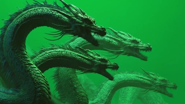 Three-headed serpent-dragon silhouette against a vivid green backdrop, snarling jaws and coils. dark