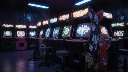 A wide, cinematic shot captures a long row of vintage arcade cabinets displaying bright retro graphics, casting a moody neon blue glow across the dark gaming hall. - Powered by Adobe