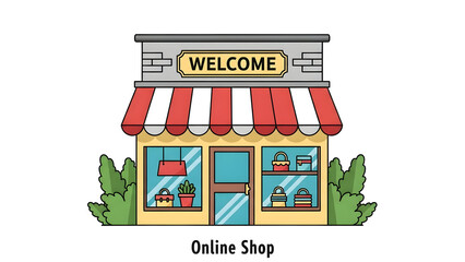 Online shop front with red and white striped awning
