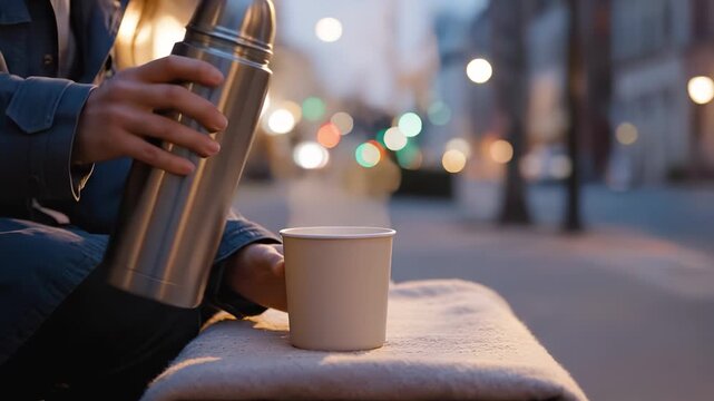 Individual pours steaming beverage from a thermos into a white cup, showcasing the warmth and comfort of a cozy evening scene with soft bokeh lights in the background