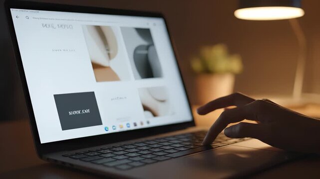 Individual interacts with laptop displaying creative design options, showcasing a seamless flow of digital exploration and artistic inspiration in a cozy workspace atmosphere