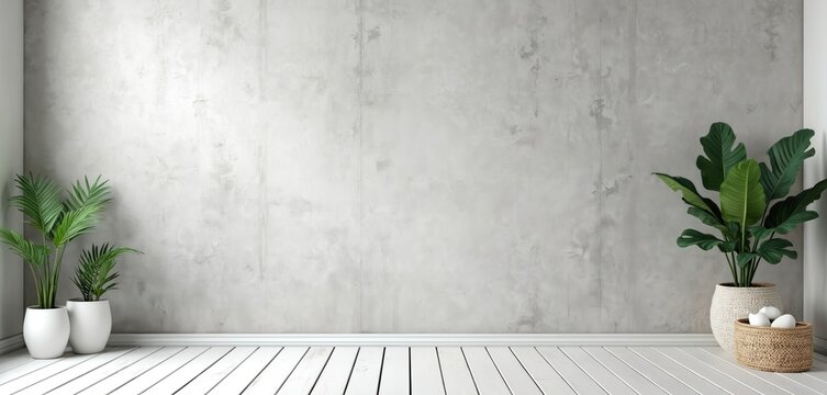 Minimalist interior with concrete wall and white wooden floor. Two potted plants flank empty wall space, creating a clean background for display or decor concepts.