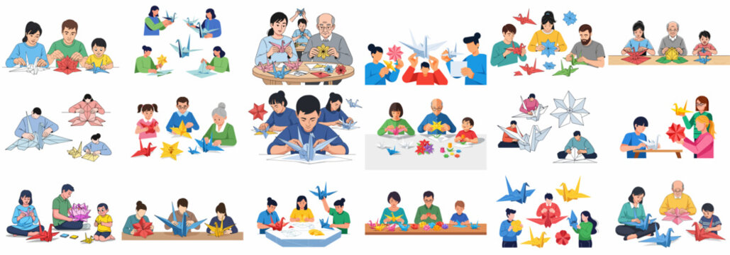 Diverse set of vector illustrations featuring people of all ages enjoying the hobby of origami, folding paper cranes, flowers, and geometric shapes.