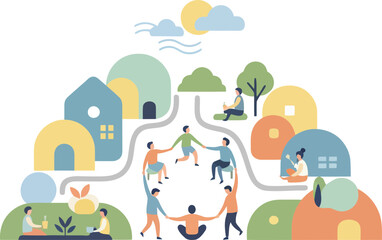 A diverse group of people connected in a supportive community network illustration.