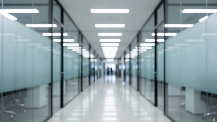 Modern office corridor with glass walls and fluorescent lighting