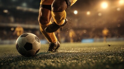 Exciting moment of a soccer match, player kicking ball on illuminated stadium