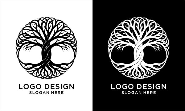 Circular Tree of Life Logo Design with Intricate Roots and Branches.