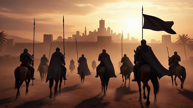 Epic medieval horsemen on a desert quest towards a fortified city at sunset, conveying courage, determination, and adventure.