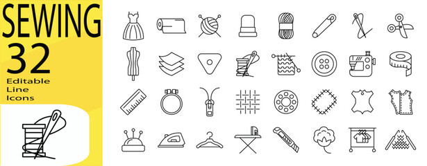 Sewing icon set. Editable stroke.