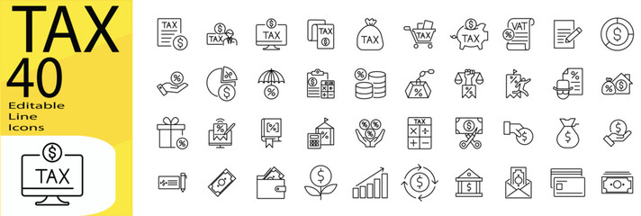 Tax icon set. Editable stroke.