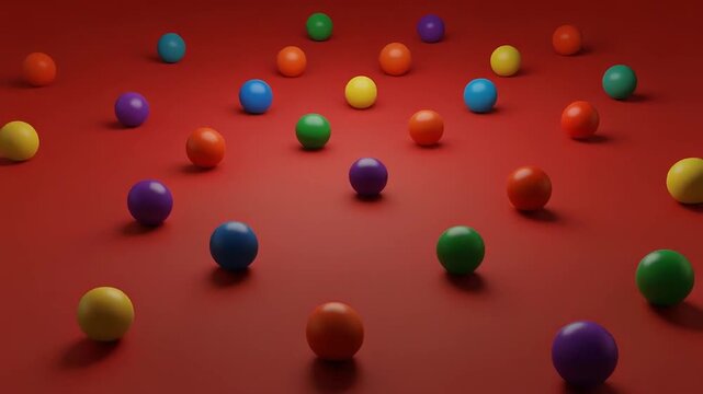 Colorful Balls on Red Background Scattered Vibrant Spheres Diverse Abstract Pattern.