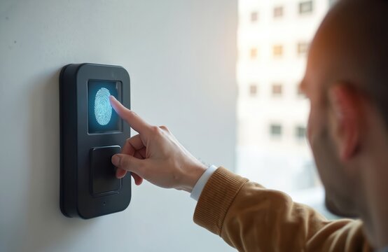 Man scans fingerprint on digital device for entry or time tracking. Modern biometric tech secures access and verifies identity for work or building.