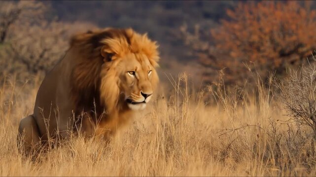 Majestic male lion crouches in tall, dry grass as distant hills glow under warm savannah light dusk!